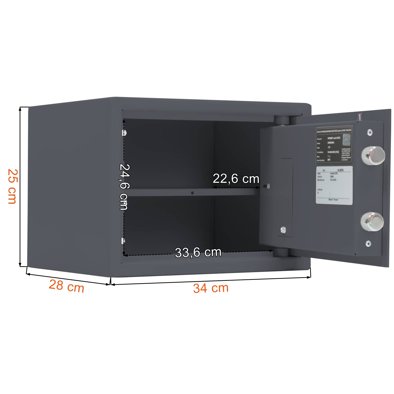 Wymiary grafitowego sejfu na broń krótką S1 Valberg Arsenal 25 z zamkiem elektronicznym