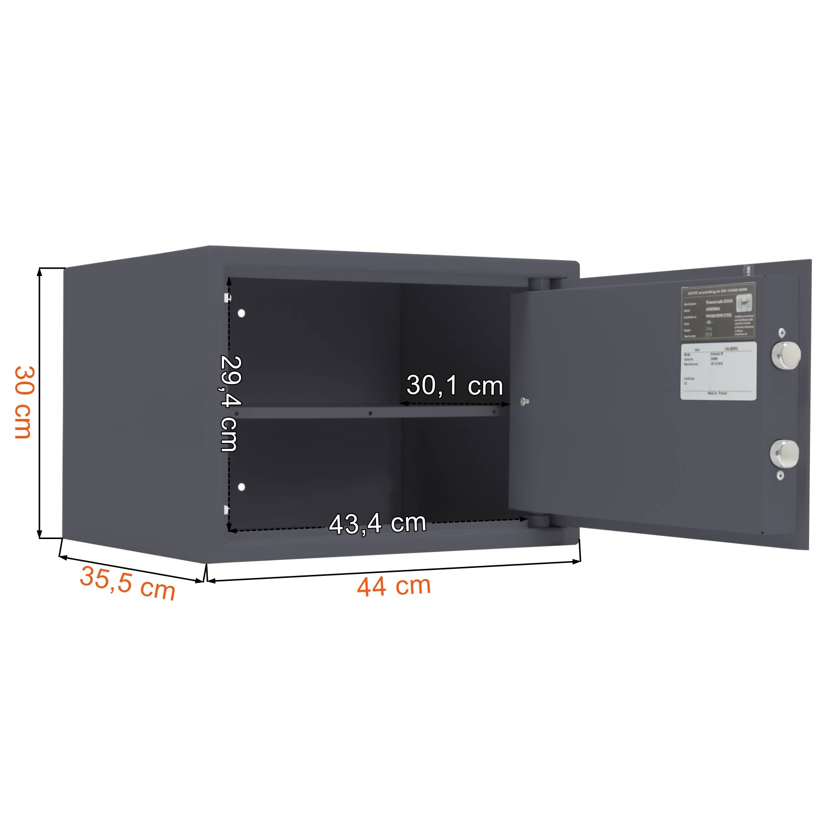 Wymiary sejfu na pistolet S1 z zamkiem elektronicznym Valberg Arsenal 30 w kolorze grafitowym