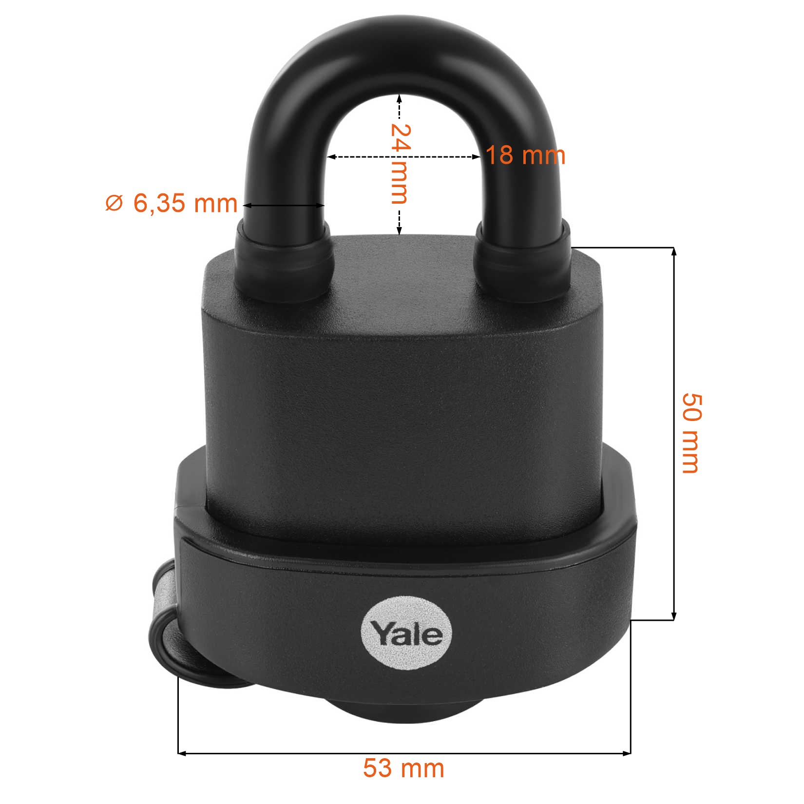 Wymiary kłódki wodoodpornej Yale Y220B/51/118/1