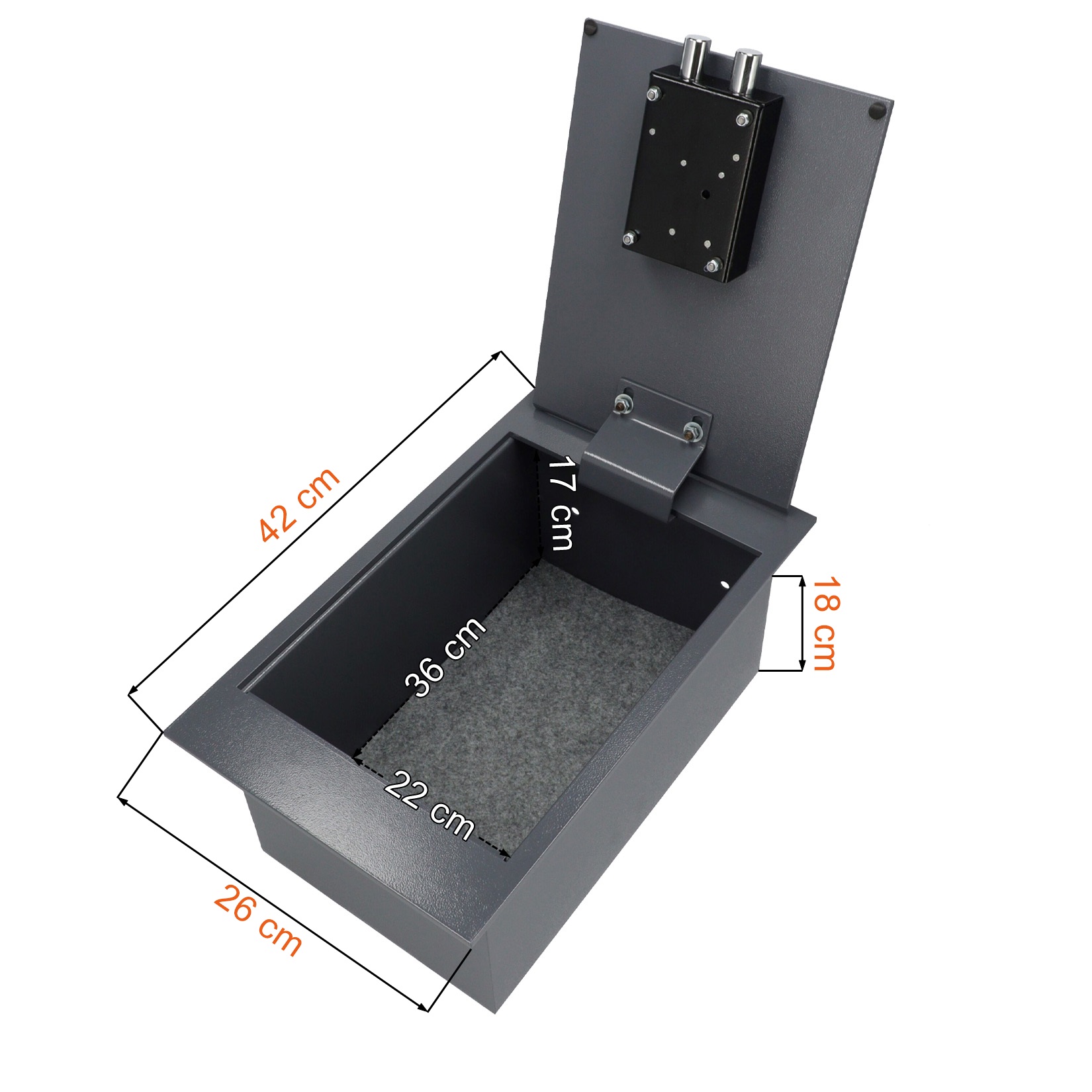 Wymiary ukrytego sejfu podłogowego z zamkiem kluczowym Brihard Floor A4 K