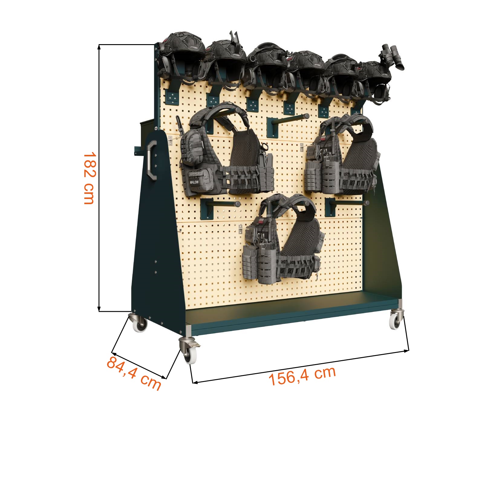 Wymiary i dane techniczne mobilnego wóżka na broń dla 6 drużyn WQST